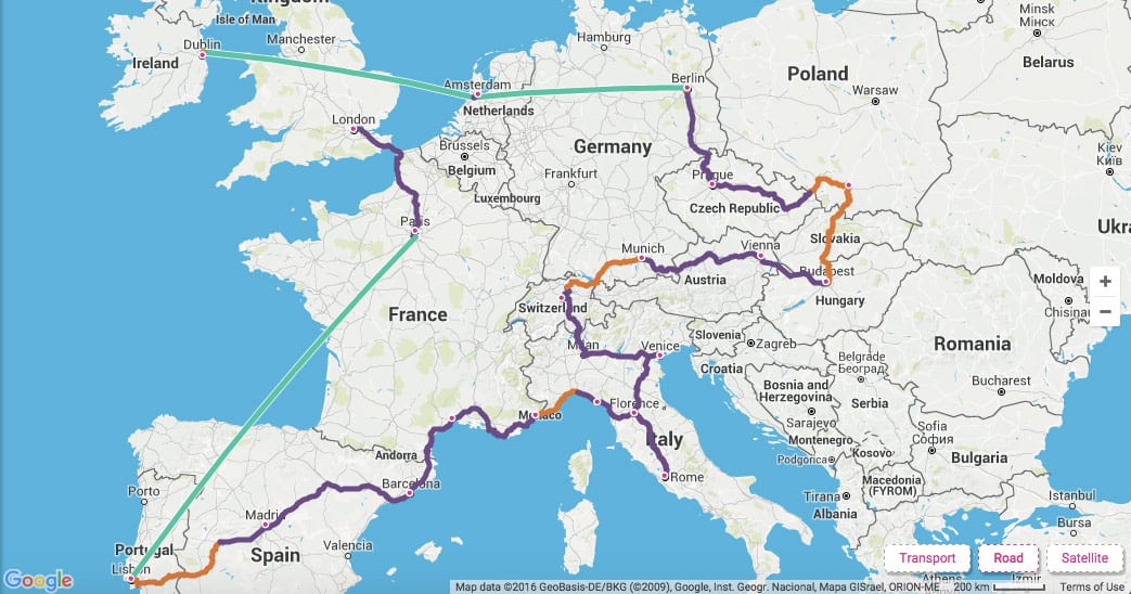 Europe Backpacking Trip Map