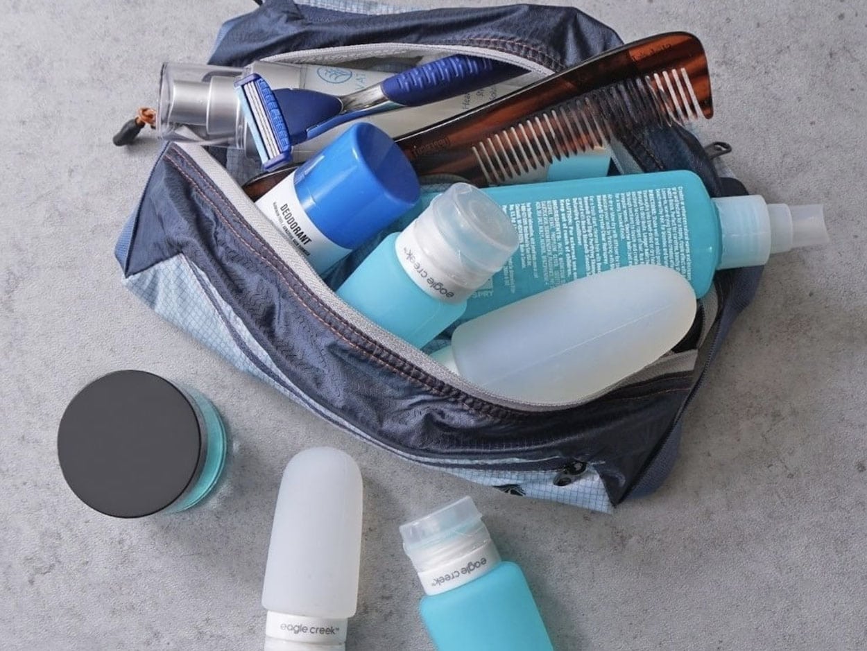Mens Travel Toiletries Kit, Travel Bag of Hygiene Essentials for Bath,  Shaving and Personal Care, 12 Mini TSA approved items in Reusable Zipper  Bag